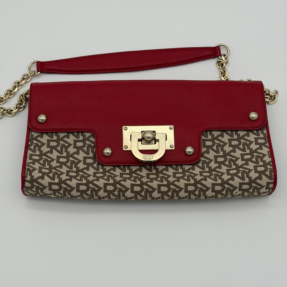 DKNY Red Monogram Chain‎ Shoulder Bag Clutch Gold Hardware Dust Bag